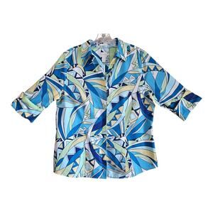 CHICO'S 2 Women's 12 Blouse Geometric 70s Pattern Blue Yellow 3/4 Sleeve 42"
